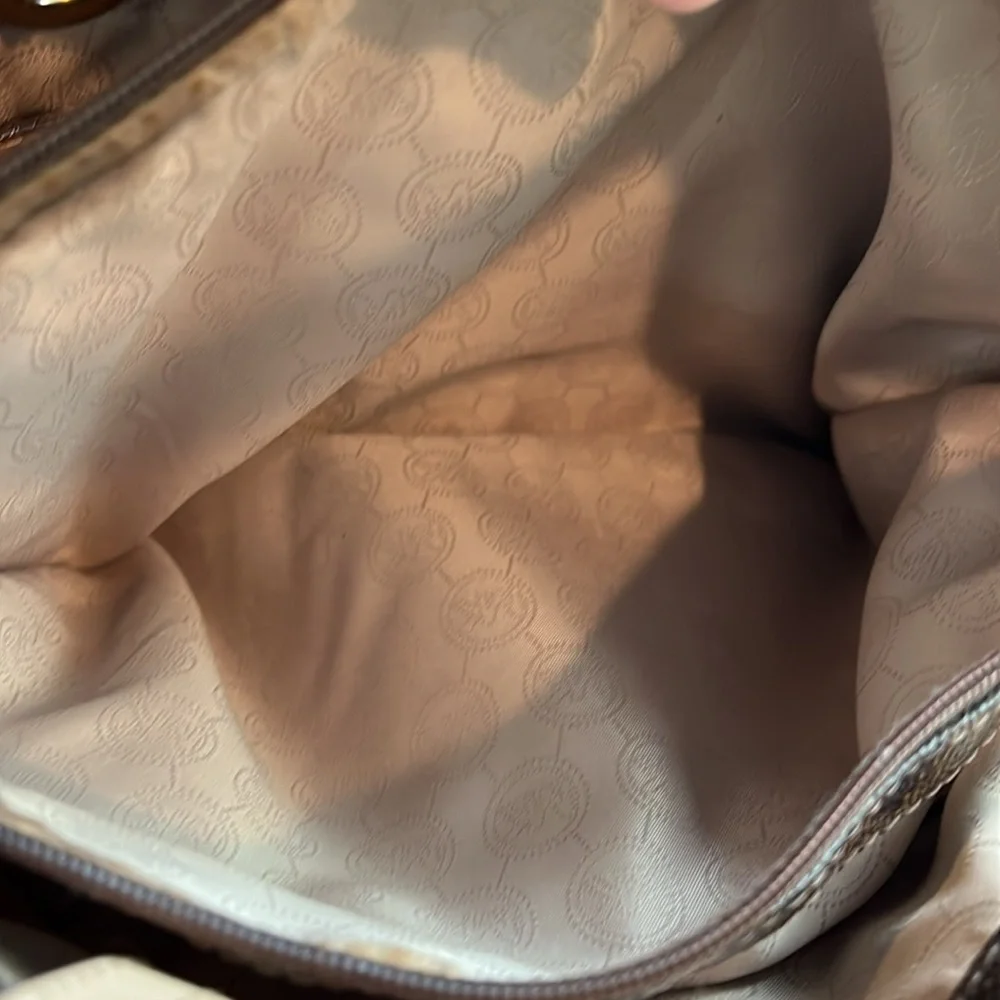 MICHAEL Michael Kors Brown Logo Tote with Pale Pink Leather Straps